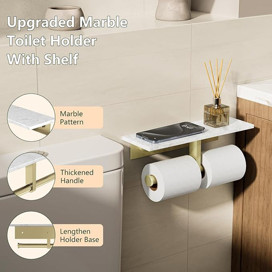 Marble Toilet Paper Holder with Shelf,Doulble Bathroom Tissue Roll Holder,304 Stainless Steel Toilet Paper Holder Wall Mounted,Modern Tissue Holder for Bathroom Washroom,Brushed Gold