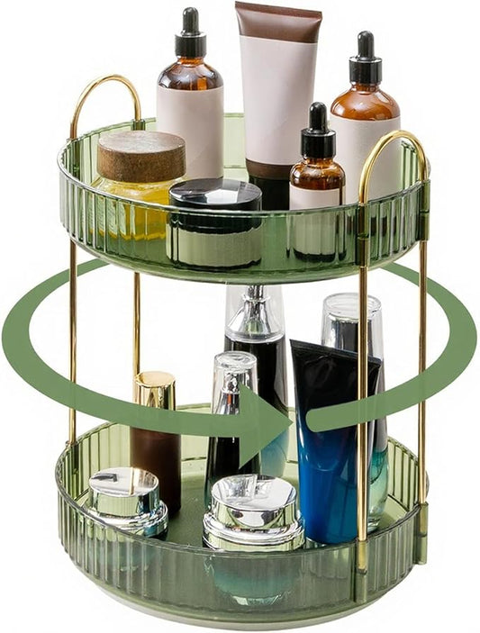 INVSSENE 360° Rotating Makeup Organizer, Bathroom Make Up Spinning Holder Rack, Large Capacity Cosmetics Storage Vanity Shelf Countertop, Fits Cosmetics, Perfume, Skincare, Lipsticks(2 Tiers, Green)
