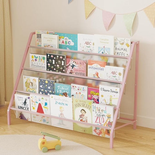 High-Transparent 4 Tier Kids Bookshelf, Sturdy Metal Large Size Book Rack Storage for Kid - Toddler Book Shelf Display for Nurasery, Playroom or Kids Room, Bookshelf Hold More Books - Pink