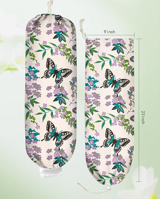 Plastic Bag Holder Organizer - 1 Pack Reusable Canvas Grocery Bags Holder Hanging Wall Cute Aesthetic Shopping Bag Storage Dispenser with Drawstring Closure for Kitchen Home, Butterfly
