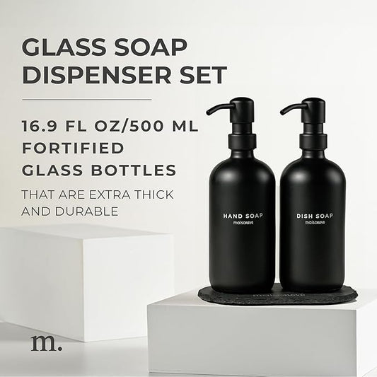 MaisoNovo Soap Dispenser 3-Piece Set | 16.9oz Black Bottles with Black Stainless Steel Pump Core