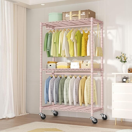 FUTASSI P3 Rolling Clothes Rack, Clothing Racks for Hanging Clothes, Heavy Duty Garment Rack with Wheels, Freestanding Portable Closet Organizer 39.4''W x 14''D x 78.5''H, Max Load 464 LBS, Pink