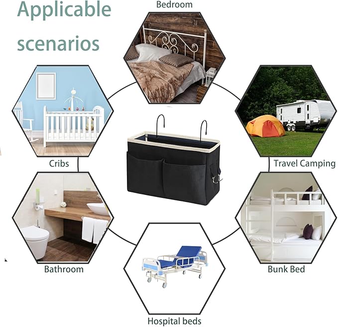 Someteth Bedside Caddy Bedside Hanging Storage Basket Multi-Function Organizer Caddy for Bunk and Hospital Beds Dorm Rooms Bed Rails, Can be Placed Glasses Books Mobile Phones(Black)