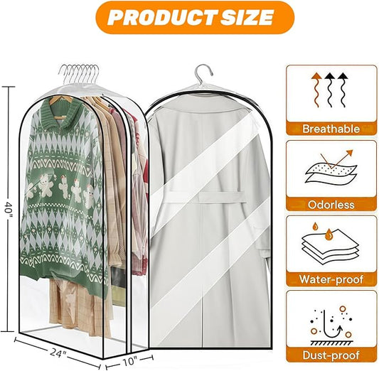 4 Pack 10" Gusseted Garment Bags, 40" Clear Suit Bags for Closet Storage, Hanging Clothes Covers with Zipper, Closet Dust Cover Protector Bag Cover for Jacket, Coat, Shirts, Dress, Sweater