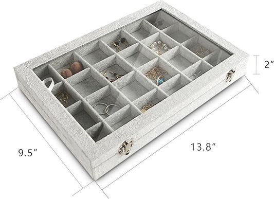 Frebeauty 24 Grid Earring Holder Organizer Tray, Jewelry Organizers and Storage for Drawer,Velvet Jewelry Display Storage for Earrings,Rings,Studs,10.5 x 6.5 x 1.2 Inches Gift for Women (Grey)