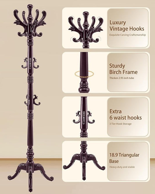 Wooden Coat Rack Stand, Solid Wood Freestanding Coat Rack, Vintage Coat Racks with 14 Hooks & Triangle Base, Heavy Duty Standing Coat Hanger Jacket Tree Stand for Office, Entryway, Hallway
