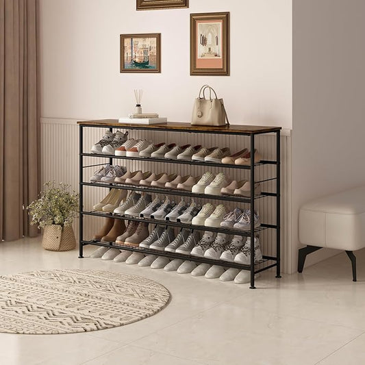 SUOERNUO Shoe Rack 5 Tier Shoe Storage Organizer Metal Mesh Shelves with MDF Top Board for Entryway, Hallway, Closet,Bedroom,Living Room (Black+Rustic Brown, Large 5 Tier)