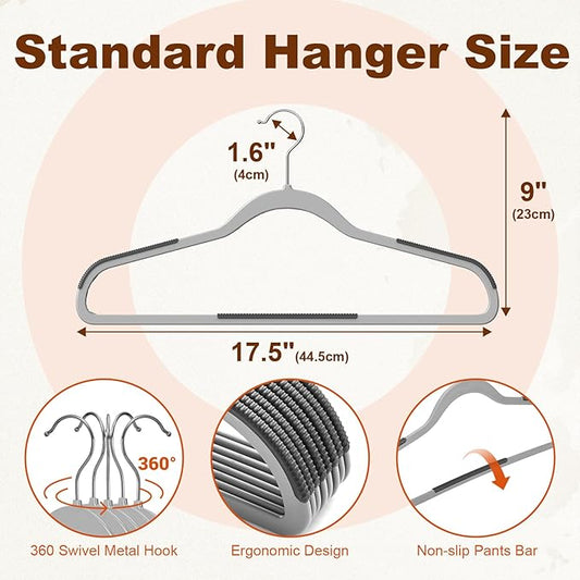 HOUSE DAY Heavy Duty Plastic Hangers 100 Pack, Clothes Hangers with Non-Slip Rubber Pads - 0.2 Inch Thin Space Saving Coat Hanger for Closet Organizer, 360° Swivel Hook for Shirts, Pants, Suit (Grey)