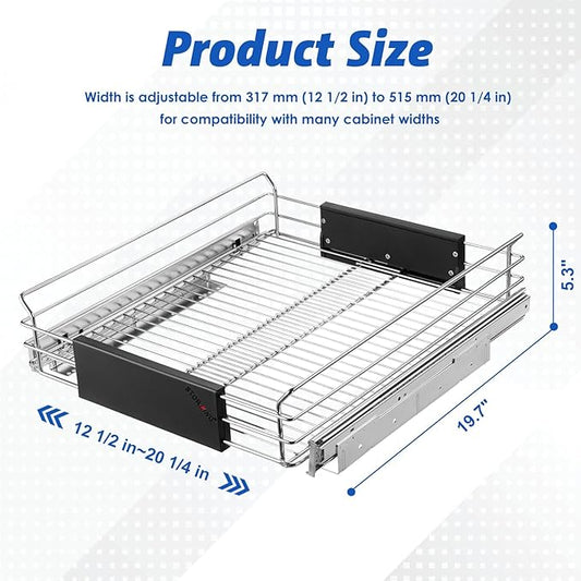 Expandable Pull Out Cabinet Organizer, Slide Out Drawers for Kitchen Cabinets, Heavy Duty Storage Drawers, Chrome Plated Cabinet Wire Shelf, Adjustable Width 12.5~20.2" W x 17.3" D