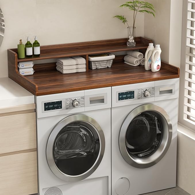 VOPEAK Washer and Dryer Countertop with Shelf, 2-Tier Washer Dryer Topper, 54" x 27.5" Spacious Laundry Countertop, Washing Machine Topper for Laundry Room Organization and Folding Clothes, Walnut