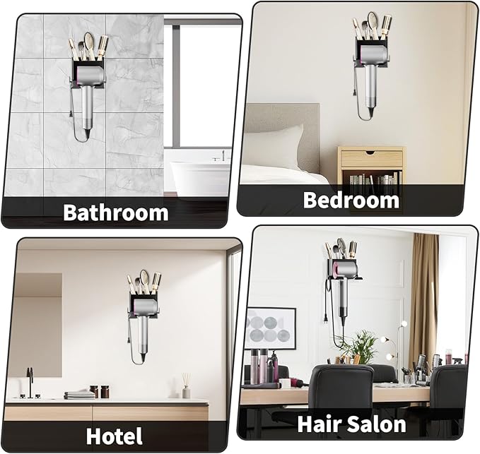 MAYZOLOP Hair Dryer Holder Wall Mounted, Hair Tools Organizer, Bathroom Space-Saving Blow Dryer Organizer Curling Irons Storage Wall Mounted Black (Self-Adhesive and Drilling)