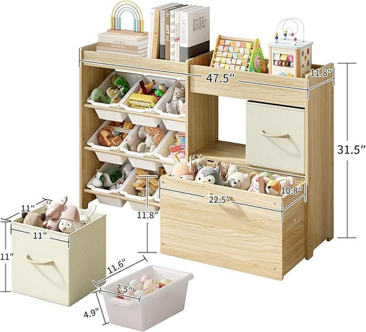 Toy Storage Organizer for Kids, 9-Bin Toy Organizer with 2-Drawers, Movable Toy Chest and Top Rack, Multifunctional Kids Bookshelf and Toy Storage for Playroom, Bedroom, Nursery, White