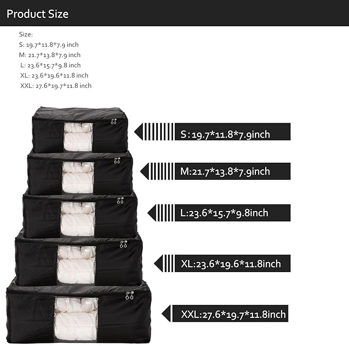 VEAMOR Comforter Storage Bags Pack of 2,Pillow Beddings/Blanket Clothes Organizer Storage Containers with Zippers,Breathable and Moistureproof(Black,2pcs)