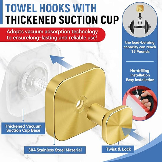 IGDALAR Suction Cup Hooks 4 Pack - Heavy Duty Vacuum Towel Hooks (Max Load 15 lbs) for Shower, Removable Waterproof Wall Hangers for Bathroom Glass, Window & Kitchen (Gold)