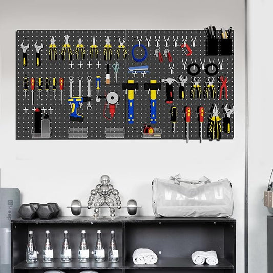 Peg Board Wall Organizer, 24"x48" Black Metal Pegboard Organizer, 4 Metal Pegboard Panels with 63 Accessories, Wall Mount Large Peg Board Kit with Hooks, Bins for Home, Office, Garage, Gaming