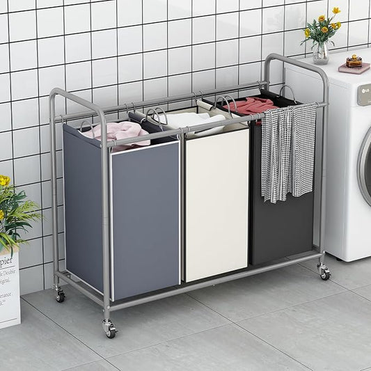 LINZINAR 3-Bag Laundry Basket Sorter Laundry Hamper Cart with Heavy Duty Rolling Lockable Wheels and Removable Bags (Assorted)