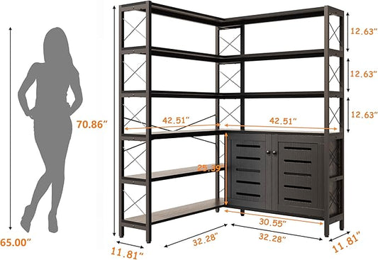 6-Shelf Corner Bookshelf, Vintage Industrial Corner Shelf Etagere Bookcase, Large Book Shelf with Metal Frame Open Storage Corner Cabinet (Black-Lockers, Large)
