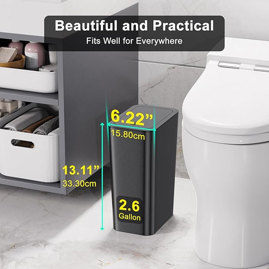 N. NETDOT 3 Pack 10L/2.6 Gal Bathroom Trash Can with Lid, Trash Bin with Press Lid, Small Trash Can/Slim Garbage Cans/Waste Basket for Bathroom,Kitchen,Office,Bedroom - Black,Gray,Off White