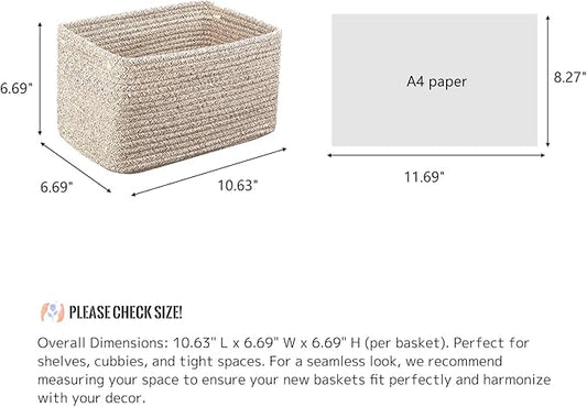 Small Cotton Rope Basket – Storage Bin for Organizing (10.6" x 6.7" x 6.7"), Bathroom Storage Basket for Shelf, Counter & Closet(Beige)