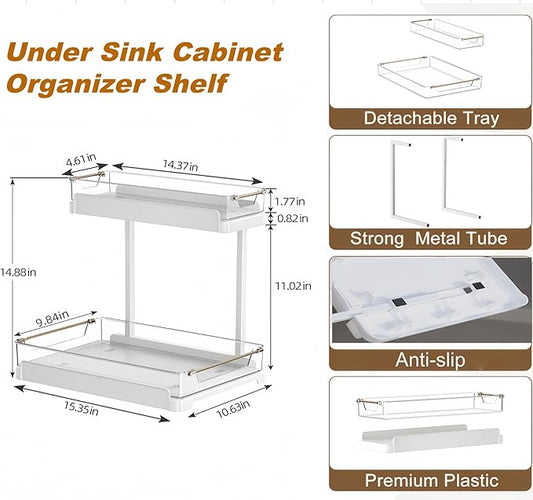 heart & home 1-Pack Under Sink Storage Organizer for Kitchen & Bathroom Cabinets with Removable Washable Tray, Tool-Free Assembly – Multi-Purpose for Kitchen Countertop, Vanity, & Laundry Room,White