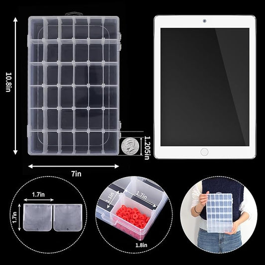 OUTUXED 2 Pack 36 Grids Clear Plastic Bead Organizer Box, Fishing Tackle Box Compartment Organizer with Adjustable Dividers for Jewelry, Art Craft, Bead Storage Containers with 5 Sheets Label Stickers