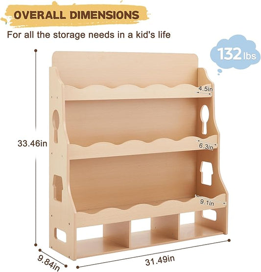 Wooden Kids Bookshelf, Book Shelf for Kids Rooms w/Scalloped Edges, Durable Childrens Bookshelf with 3 Cube Bins for Books & Toys - Toddler Montessori Bookcase Nursery