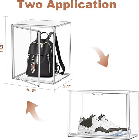 EDS FAM 4 Pack Clear Shoe Box Organizer,Size 14 Acrylic Display Cases for Book Cosmetic Figures Collectibles Showcase,X-Large Bag Stackable Plastic Storage Bins with Magnetic Lid