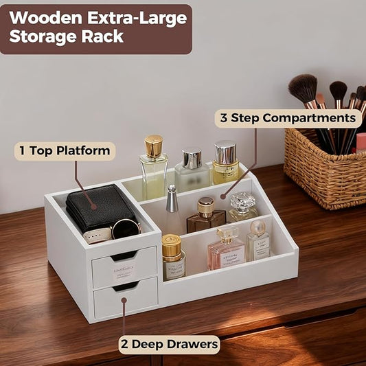 UUyuality Countertop Perfume & Makeup Organizer - Wooden Rack, Cologne Stand Shelves & Skincare Organizer for Bedroom Dresser, Organizador de Perfumes Estante para Perfumes (Middle, 01) (White, 01)