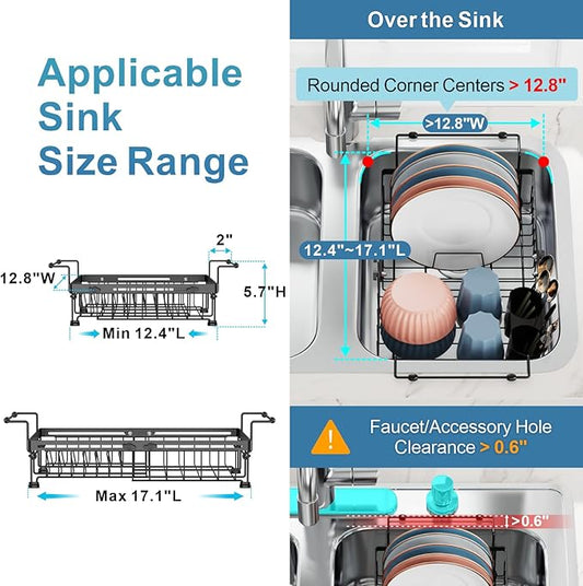iSPECLE Expandable in Sink Dish Drying Rack - Adjustable Capacity Over The Sink Dish Drainer Drying Rack with Utensil Holder for Kitchen, 12.4"-17.1" L x 12.8" W, Black