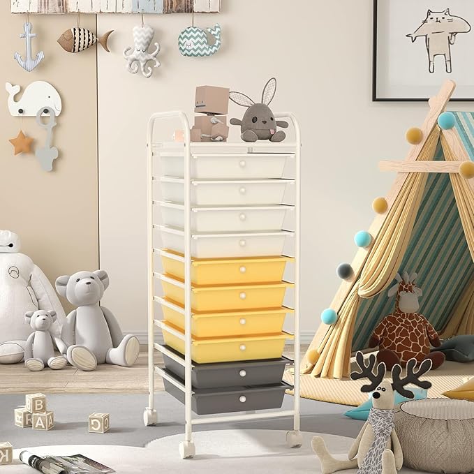 Storage Cart, Rolling Utility Cart with 10 Drawers, Portable Handles & Lockable Wheels, Mobile Paper Toys Storage Organizer Large Capacity for Home Office School Teacher (Yellow)