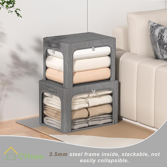 3Pack Stackable Foldable Storage Bin - Metal Frame Storage Box Clothing Storage Organizer with Clear Window, Carry Handles (66L-19.7x15.7x13in, Dark Grey)