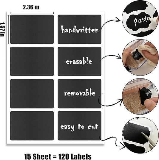 120 Pcs Chalkboard Labels - Removable Chalkboard Stickers for Jars, Pantry & Storage Bins, Glass Bottles & Food Labels - Includes 1 Chalk Marker Pen