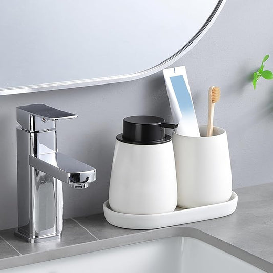 Eyrozia White Round Soap Dispenser Tray - 8'' Ceramic Vanity Tray for Bathroom Decorative, Jewelry Ring Dish, Comestic Holder, Kitchen Sink Countertop Organizer Plate