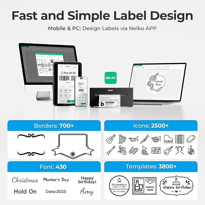 Nelko Bluetooth Thermal Shipping Label Printer, Wireless 4x6 Shipping Label Printer for Small Business, Support Android, iPhone and Windows, Widely Used for Amazon, Ebay, Shopify, Etsy, USPS