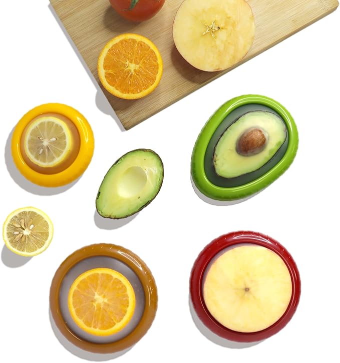 AWLGAK Avocado Saver and Onion Holder -Set of 4 Reusable Fruit and Veggie Savers for Fridge - BPA-Free, Prevent Flavor Mixing, Keep Fresh (Green, Brown, Red And Yellow)