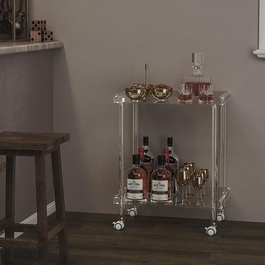 HMYHUM Acrylic Bar Cart, Rolling Serving Cart with 4 Lockable Wheels for The Home Bar, Kitchen, Living Room, Modern, 2-Tier, 23.6" L x 15" W x 30" H, Clear