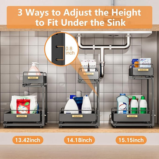 Under Sink Organizer, High Adjustable 2 Tier Under Kitchen Sink Organizer, Multi-Purpose Storage Shelf for Kitchen Bathroom Cabinet, Black