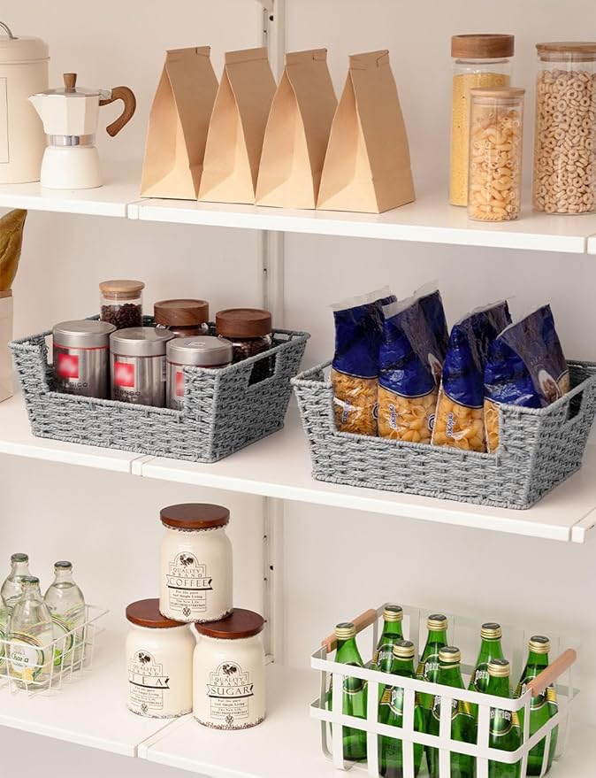 StorageWorks Round Paper Rope Woven Basket for Pantry Organizers and Storage, Stackable Wicker Pantry Baskets for Shelves, Grey, 2-Pack