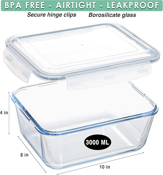 Large Glass Food Storage Container - Baking Containers with Hinged Locking Lids. 100% Leak Proof. 12 Cups / 3000 ml