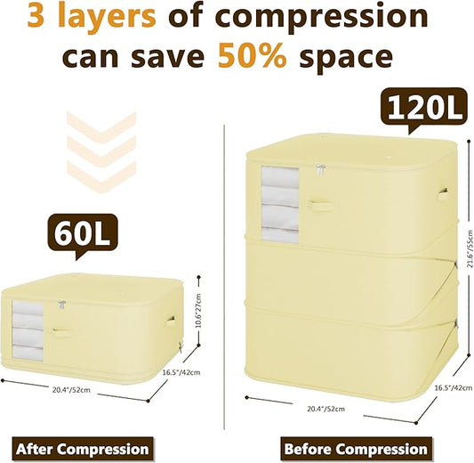 3-Layer Compressible with Zippers Blanket & Comforter Storage Bag,Ultra Space Saving Self Compression Organizer,Save 50% Space, 2 PCS,Light Yellow