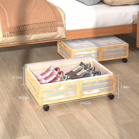 Under Bed Storage Containers with Wheels, Larger Bamboo Wood Under Furniture Storage Containers with Dust Bags,Rolling for Shoes Clothes
