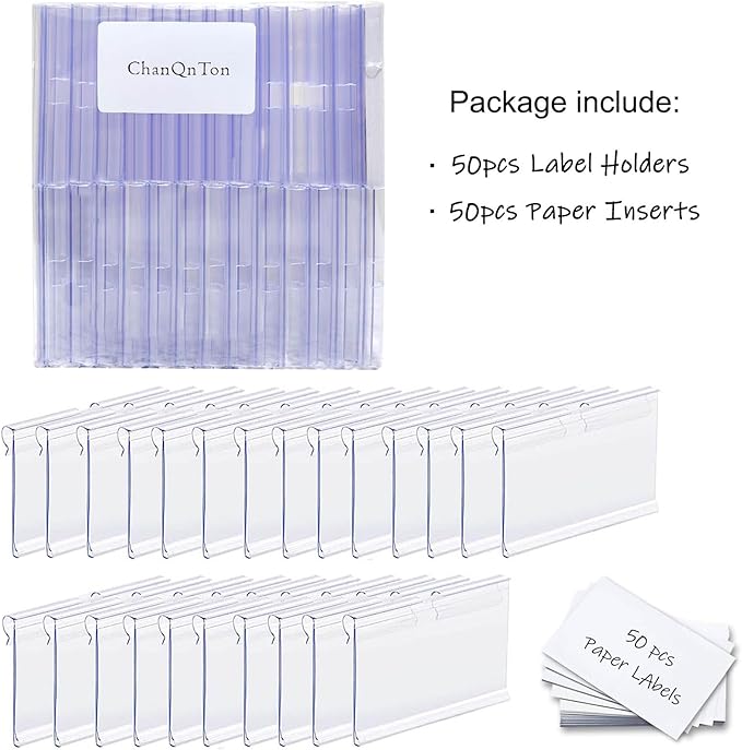 50PCS Basket Bin Labels Clip On,ChanQnTon Clear Plastic Labels for Storage Bins, Wire Shelf Price Tags,Merchandise Sign Display Holder,50PCS 6X4CM Paper Inserts Included.