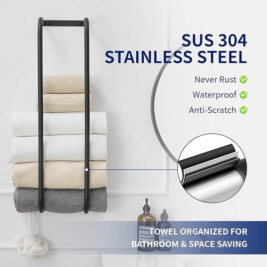 BWE Black Towel Racks for Bathroom, Stainless Steel Towel Holder for Rolled Towels, Wall Mounted Bathroom Towel Storage Holds Up 6 Large Bath Sheets, with 2 Hooks