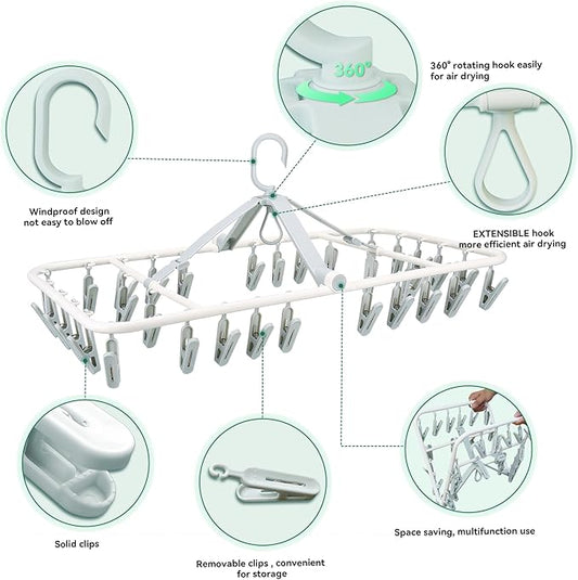 Plastic PP Drying Hanger, Anti-Rusty Drying Rack for Clothes, Socks, Lingeries, Delicates, Drying Hanger with 32 Clips for Baby Clothes, Towels