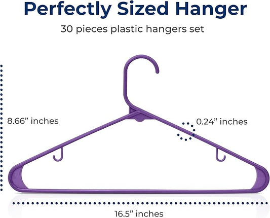 SereneLife 30 Pack Plastic Clothes Hangers – Ultra Lightweight Slim Non Slip Heavy Duty Closet Hanger Set for Coats Shirts Dresses Pants Durable Space Saving Wardrobe Organization (Purple)