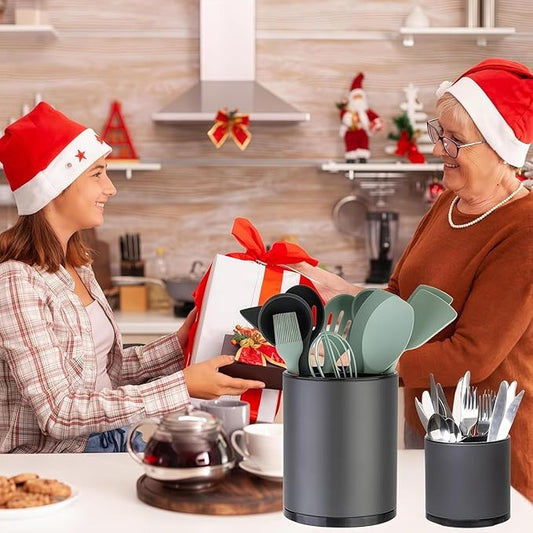 Kitchen Utensil Holder Extra Large Rotating For Counter Organizer Stainless Steel Storage Cooking Silverware Caddy 3 Compartment Flatware Spoon Spatula Tool Cutlery Container(2 Set Grey)