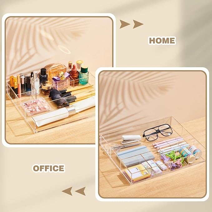 Briwooody Large Acrylic Desk Deep Drawer Organizer with Adjustable Dividers, Anti-Skip Clear Desk Top Organizer Tray for Pens, Desktop, Office, Bathroom, Kitchen, Makeup Supplies(6 Compartments)
