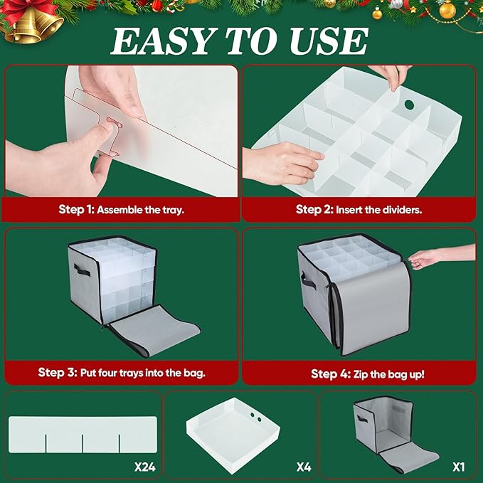 BALEINE Christmas Ornament Storage Box with Dividers, Premium Holiday Ornaments Storage Container Bin for Xmas Decorations (64 Ball, Red, Soft)