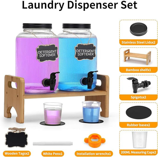 2-Pack Laundry Detergent Dispenser with Bamboo Stand,1 Gallon Laundry Soap Dispenser with Measuring Cup,Glass Laundry Detergent Containr for Laundry Room Organization and Storage