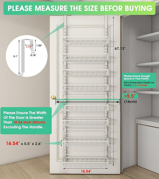 Over The Door Pantry Organizer, Wall Mount Spice Rack, Pantry Hanging Storage and Organization, 8 Adjustable Baskets Heavy-Duty Metal for Home & Kitchen, Back of Door Seasoning Rack - White